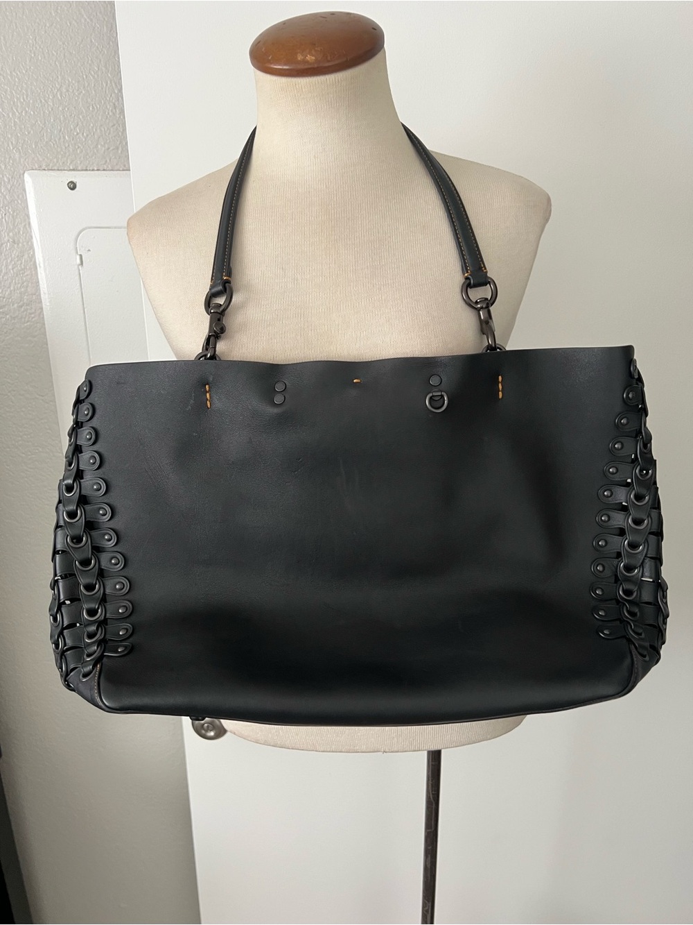 Coach Black Leather Tote with Eyelet Side Detail
